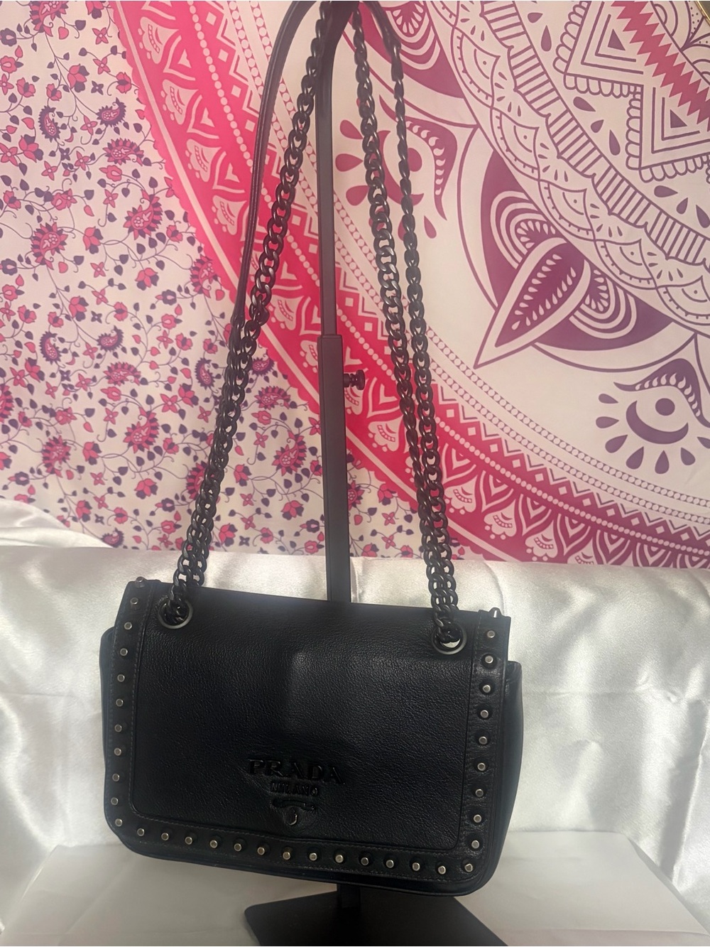 Prada Black Leather Stud-Trim Shoulder Bag